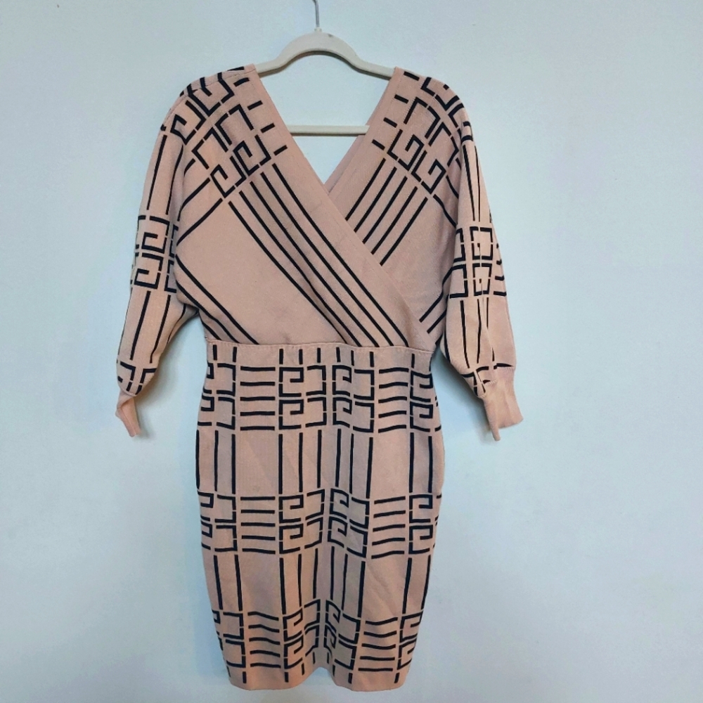 SHEILAY Black and Beige Bodycone Midi Dress Size XL.